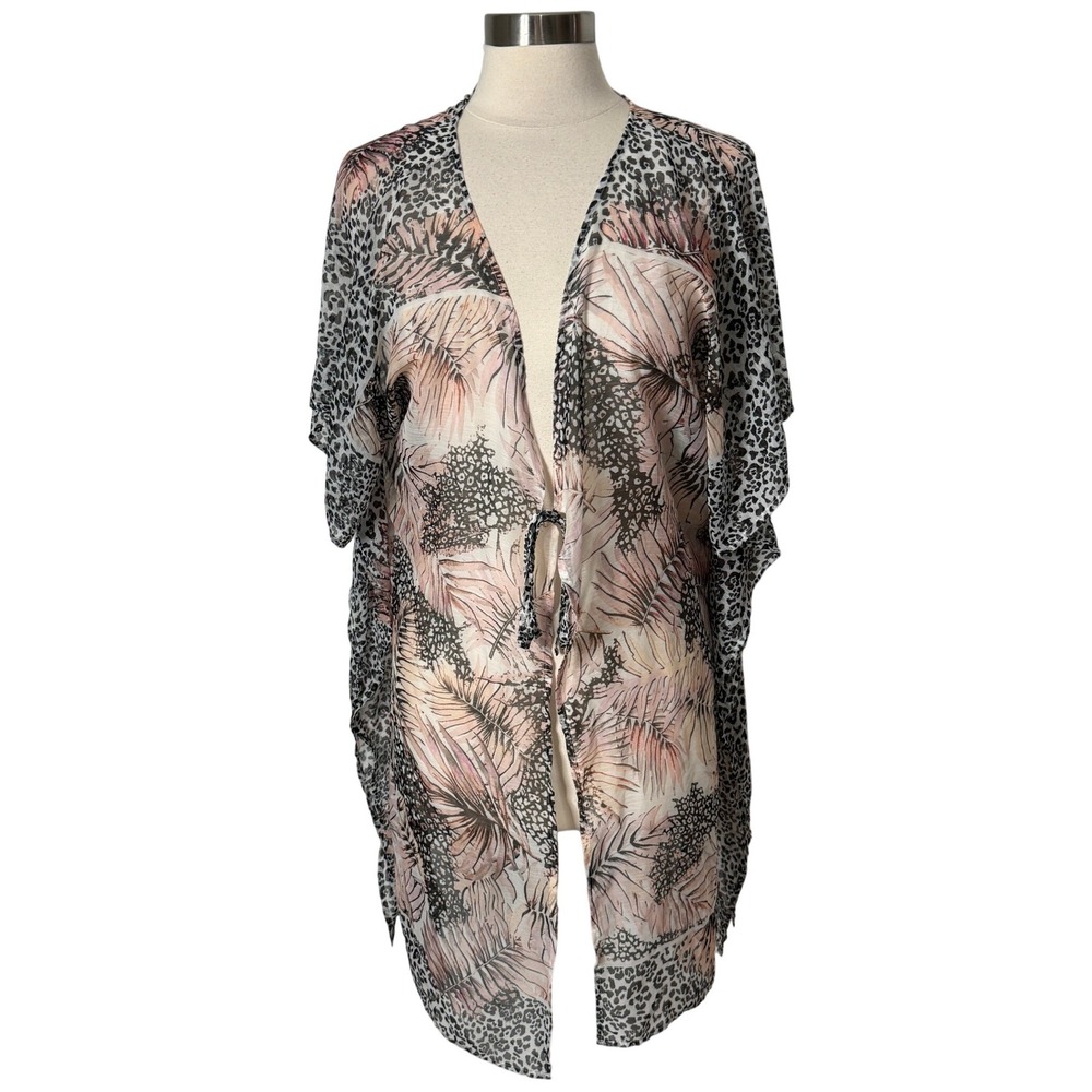 Venus Tropical‎ Palm Leopard Print Sheer Chiffon Kimono Cover Up Womens S M